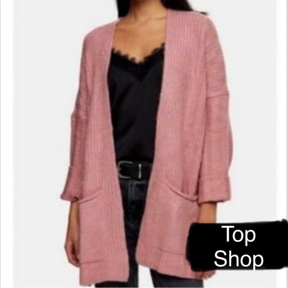 TopShop Pink Texture Stripe Rib Knit Longline  Pocket Cardigan Sweater SzM 8-10 - Picture 1 of 16
